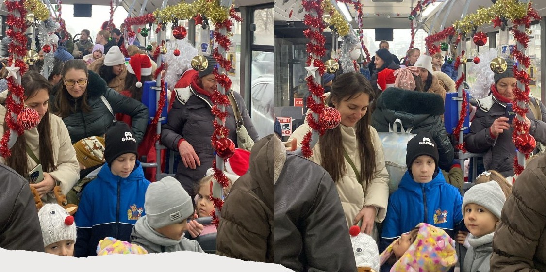 Magie pe roți: Copiii au cântat colinde în autobuzul lui Moș Crăciun – VIDEO 