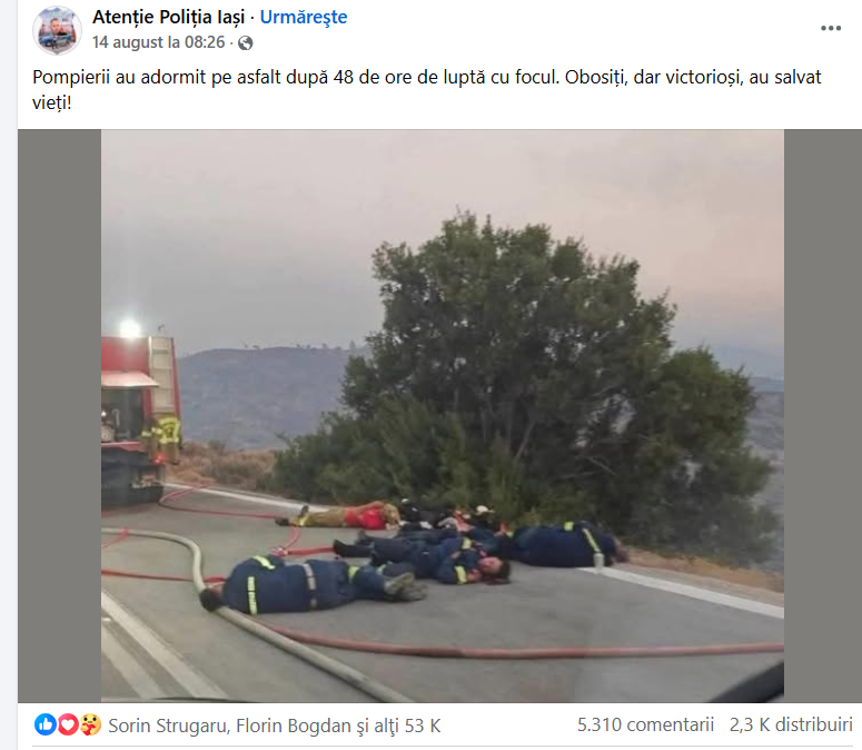 Manipulare pe Facebook, zeci de mii de reacții la o fotografie cu pompieri dormind pe asfalt