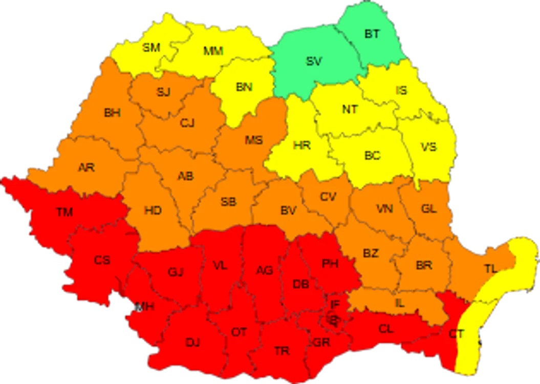 Coduri de caniculă în toată țara, doar Botoșani și Suceava sunt pe verde