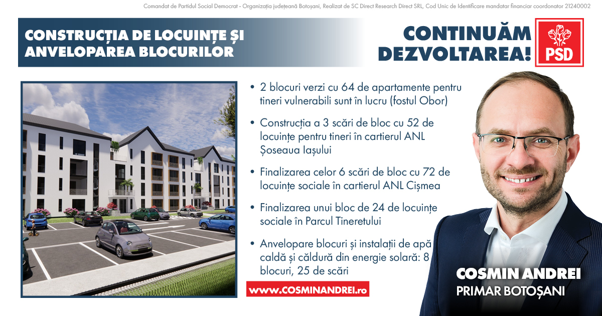 PSD Botoșani: Cosmin Andrei a anunțat că va continua construcția de locuințe și programele de reabilitare termică a blocurilor. Începe construcția locuințelor pentru tineri din zona fostului Obor 