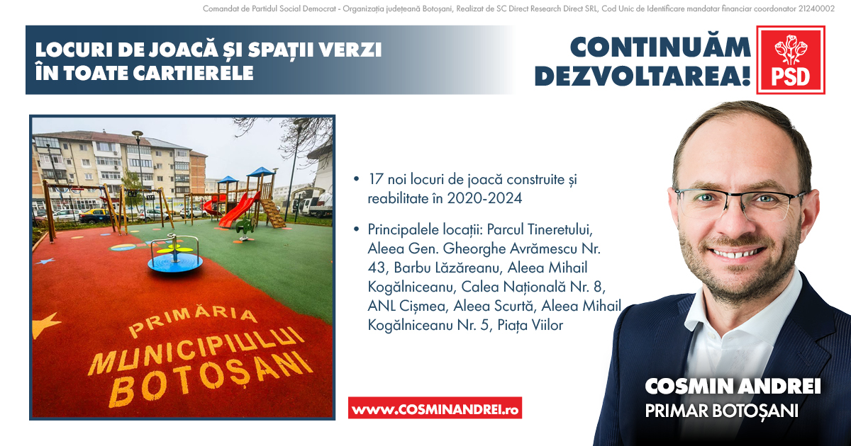 Programul lui Cosmin Andrei „Locuri de joacă și spații verzi în toate cartierele” va continua și în următorul mandat
