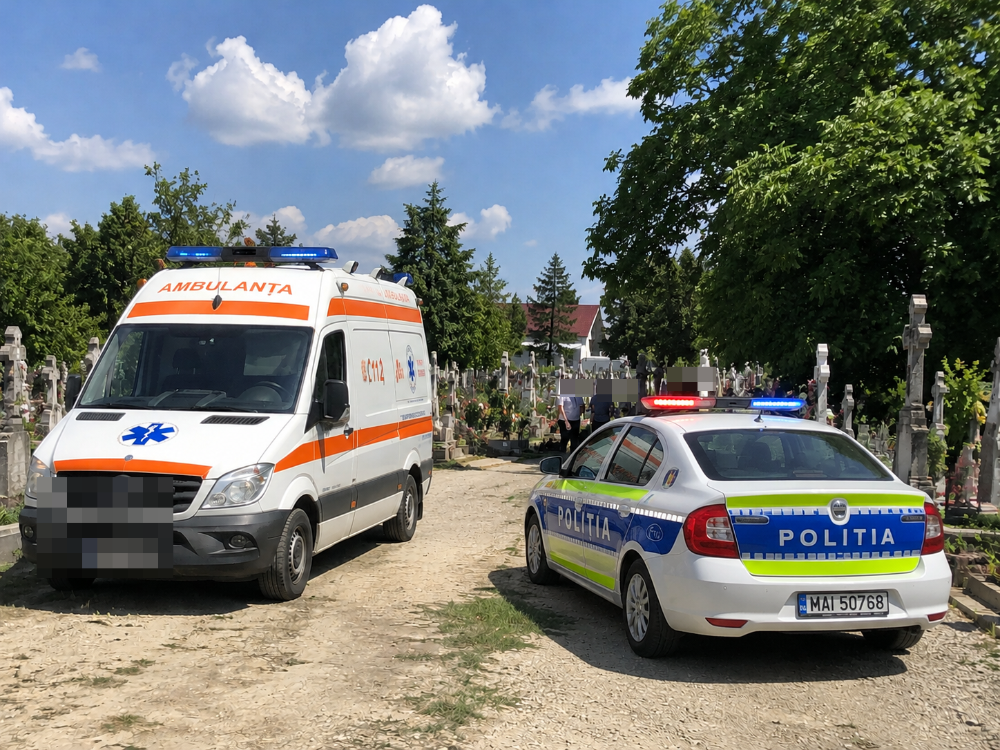 masina de politie si ambulanta in cimitir.