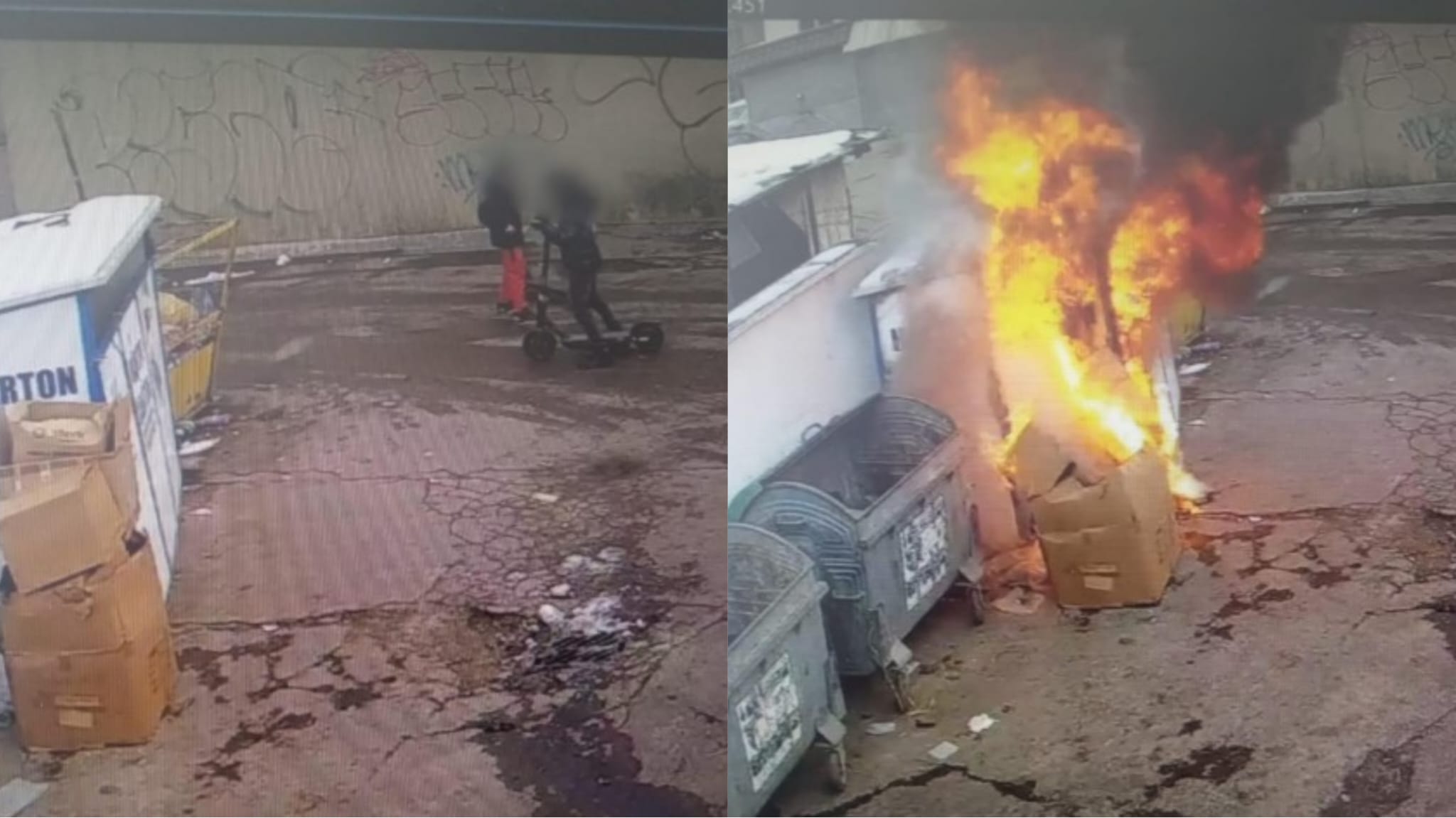 Dintr-o „joacă”: Copii prinși pe camerele de supraveghere că au dat foc unui container