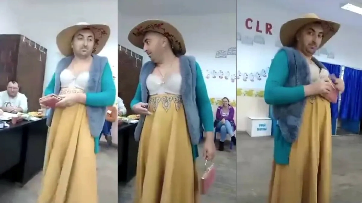 Distracție într-o secție de votare din Botoșani: Tânăr în rochie la urne și cu sutienul la vedere