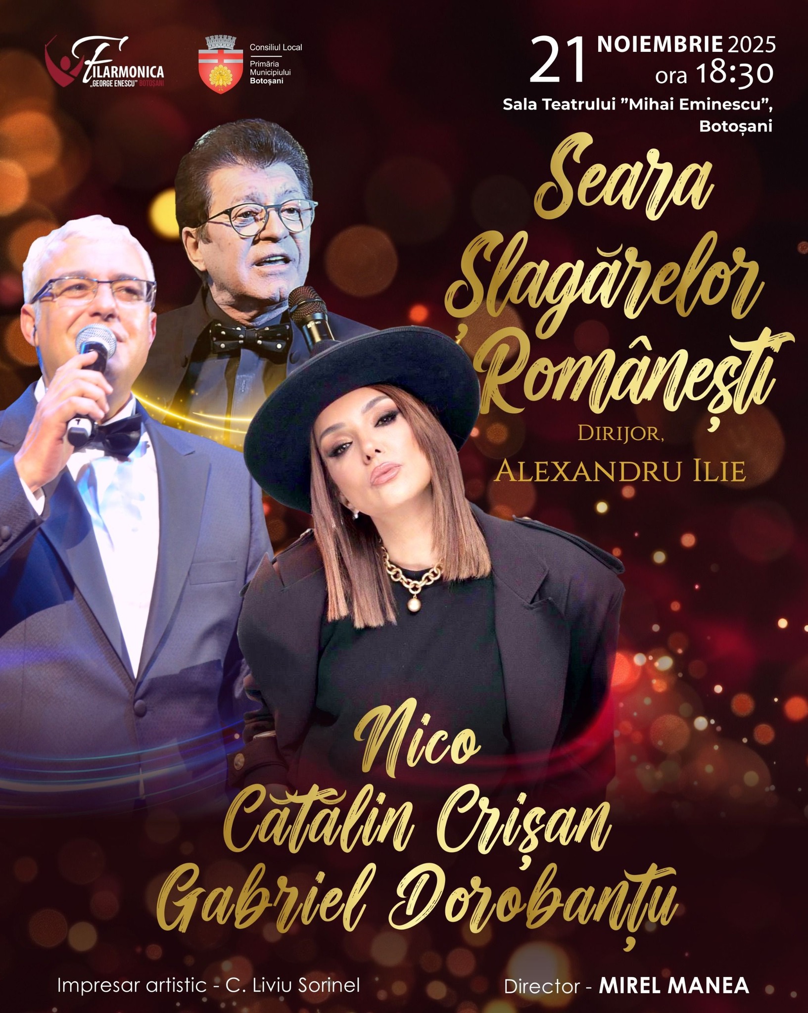 „Seara șlagărelor românești” la Filarmonică: Nico, Cătălin Crișan și Gabriel Dorobanțu vin la Botoșani 