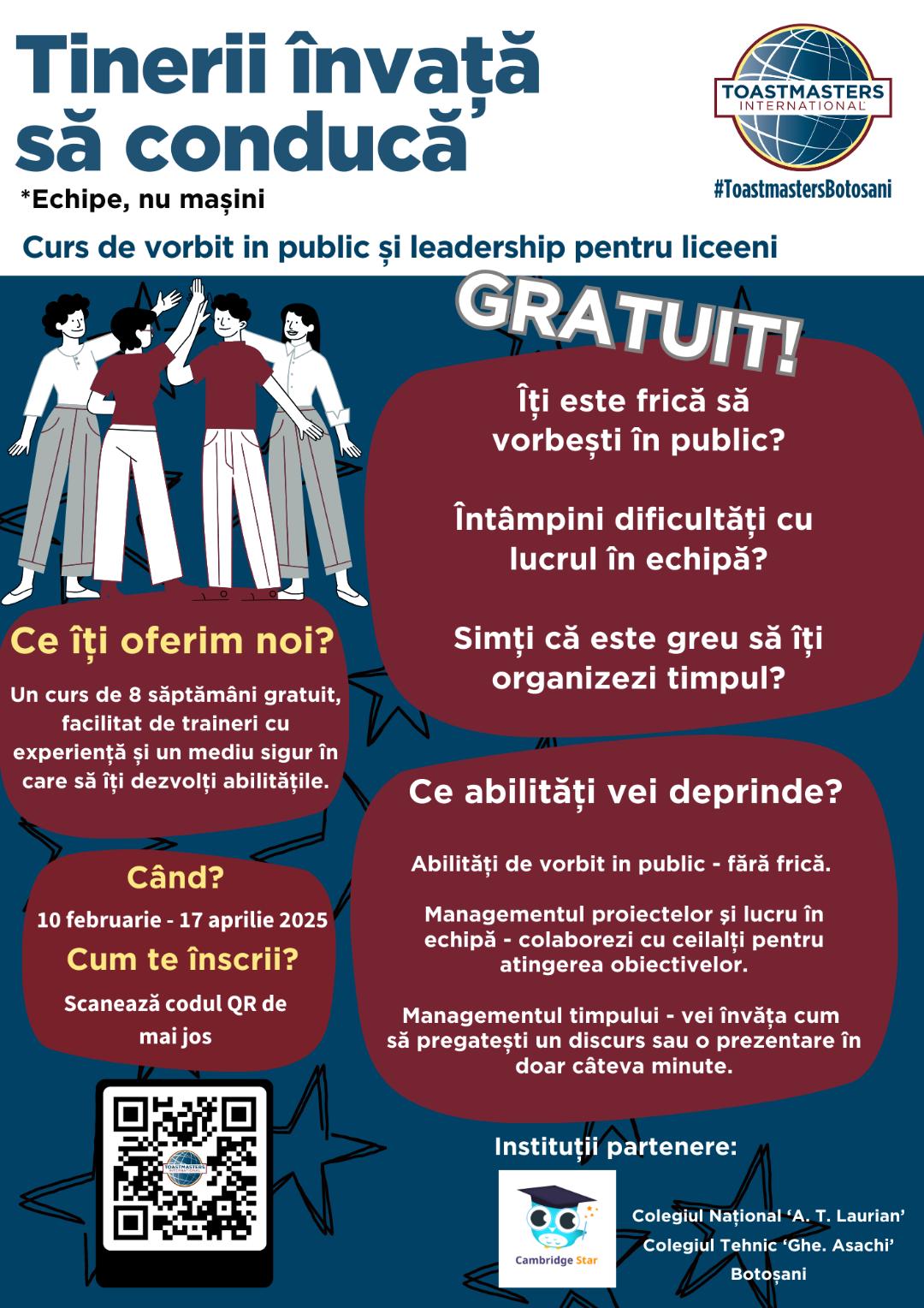 Cursuri gratuite de vorbit în public și leadership oferite liceenilor de Toastmasters Botoșani