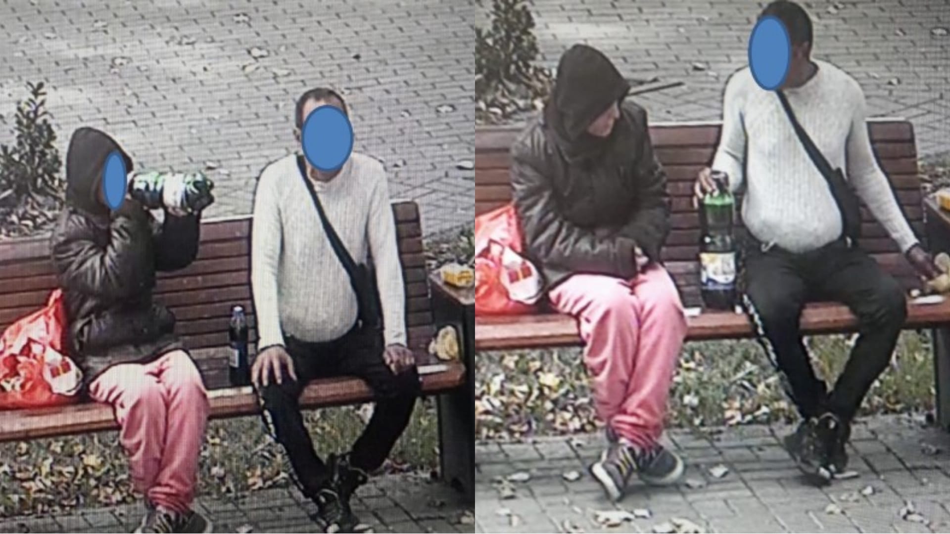 Amor cu pet-ul de bere pe o bancă din parc surprins de camerele video ale orașului 